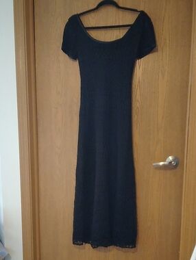 Vintage Breakin' Loose 90s Black Fitted Knit Lace Maxi Dress Short Sleeve